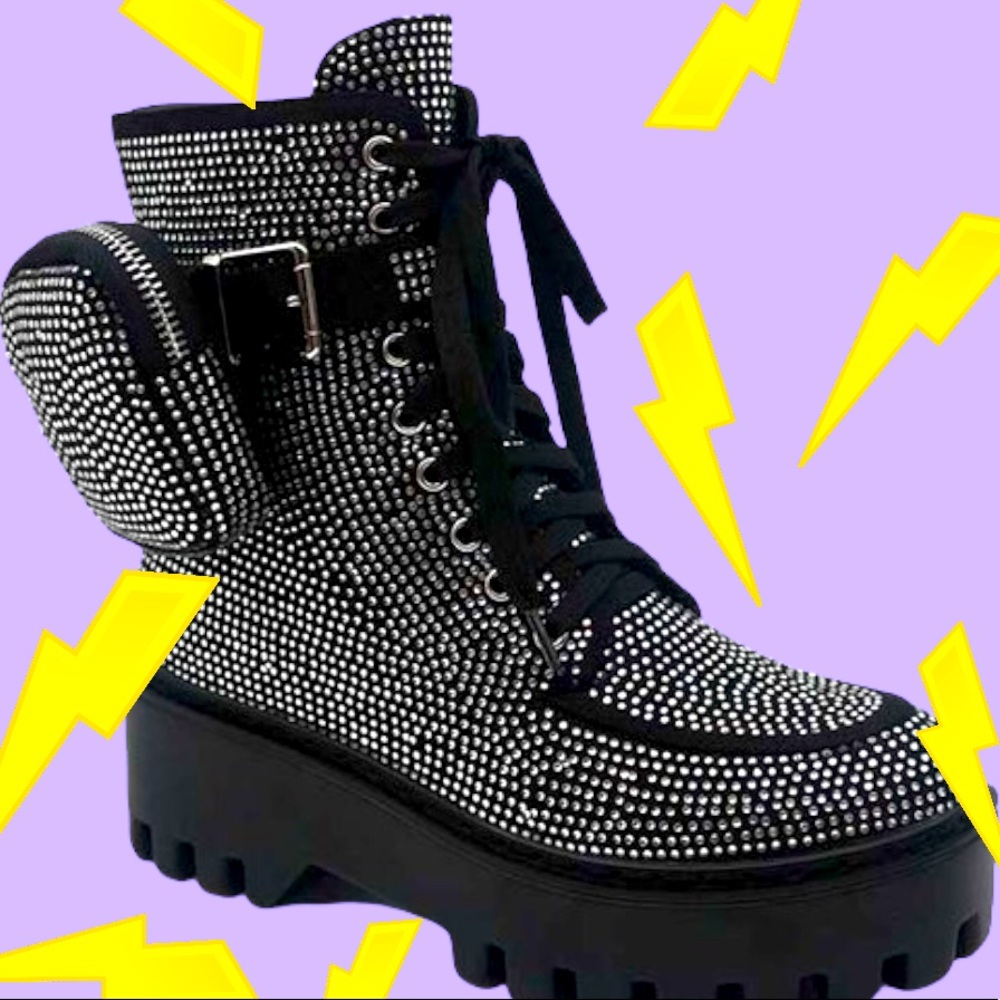 2 Left! Bamboo Black Rhinestone Embellished Ultra Platform Combat Boot